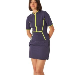 SKFK NWT Zoe Navy & Neon Green Zip Front Short Sleeve Fitted Shirt EU 38 | US 6